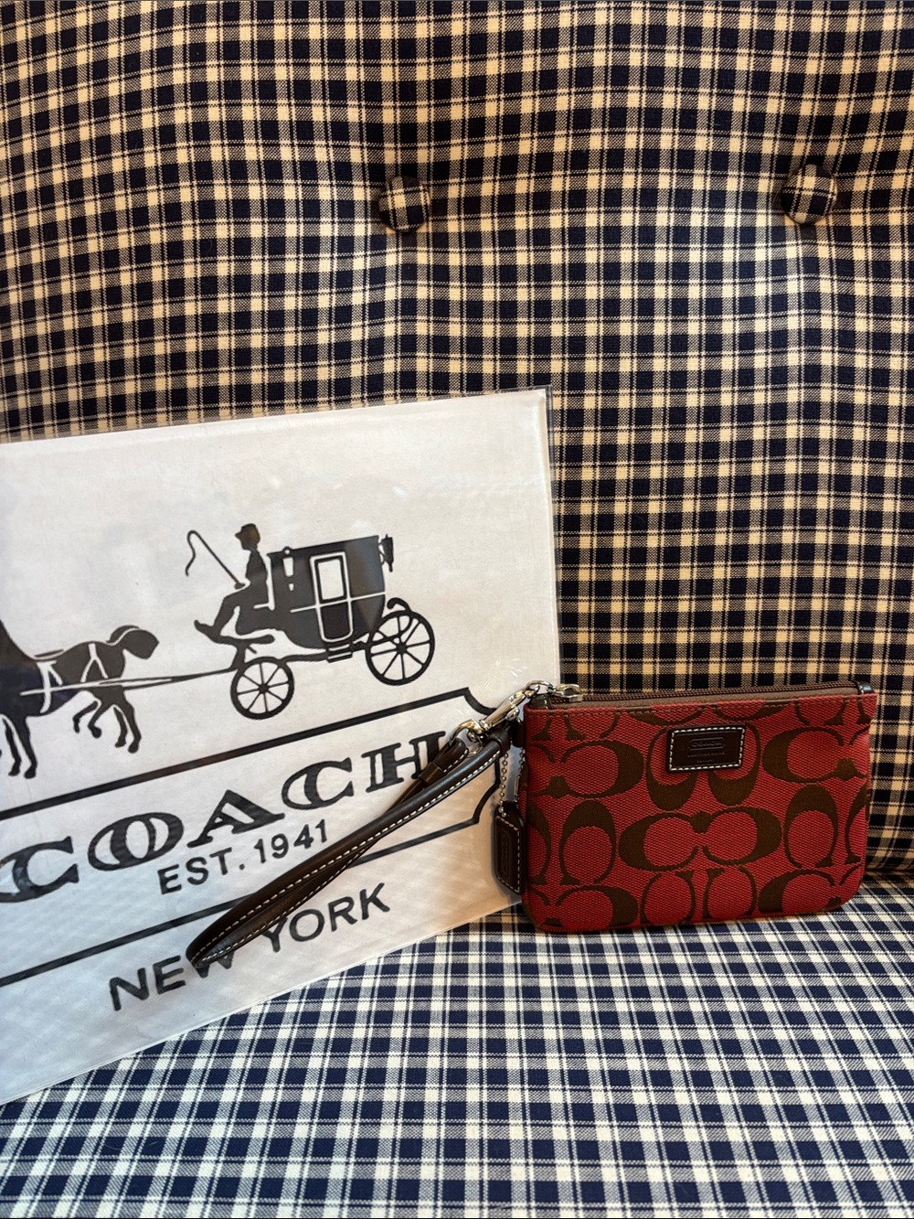 Coach Red Signature C Zip Wristlet with Brown Accents